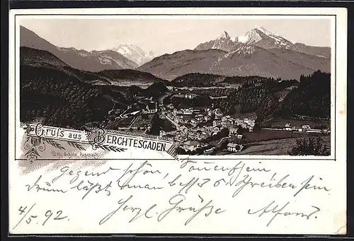 Vorläufer-Lithographie Berchtesgaden, 1892, Ortsansicht gegen das Gebirge