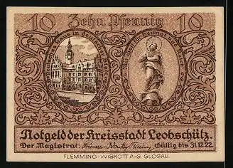 Notgeld Leobschütz 1922, 10 Pfennig, Stadtsilhouette, Engel mit Wappen, Rathaus, Statue