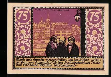 Notgeld Rudolstadt 1921, 75 Pfennig, Marktplatz mit neuem Rathaus, Stadtwappen