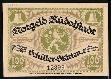 Notgeld Rudolstadt 1921, 100 Pfennig, Kirchenglocke, Stadtwappen