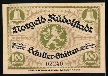 Notgeld Rudolstadt 1921, 100 Pfennig, Fahnenträger am Schillerhaus in der Schillerstrasse, Stadtwappen