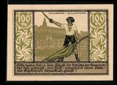 Notgeld Rudolstadt 1921, 100 Pfennig, Schillerstrasse mit Schillerhaus, Fahnenträger, Stadtwappen