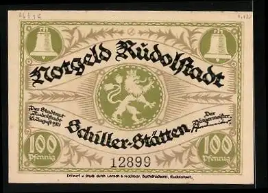 Notgeld Rudolstadt 1921, 100 Pfennig, Schillerstrasse mit Schillerhaus, Fahnenträger, Stadtwappen