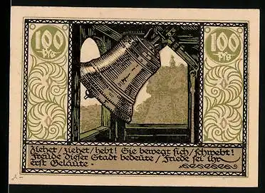 Notgeld Rudolstadt 1921, 100 Pfennig, läutende Kirchenglocke, Stadtwappen