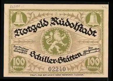 Notgeld Rudolstadt 1921, 100 Pfennig, läutende Kirchenglocke, Stadtwappen