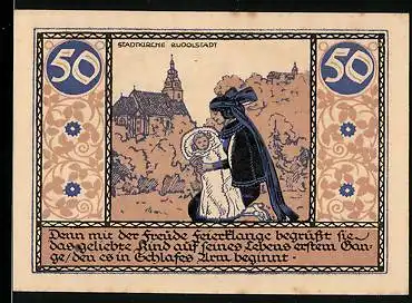 Notgeld Rudolstadt 1921, 50 Pfennig, Mutter mit Baby vor der Stadtkirche, Stadtwappen