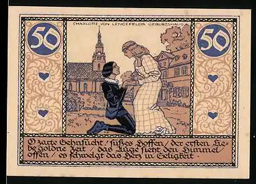 Notgeld Rudolstadt 1921, 50 Pfennig, Charlotte von Lengefeld's Geburtshaus, Stadtwappen