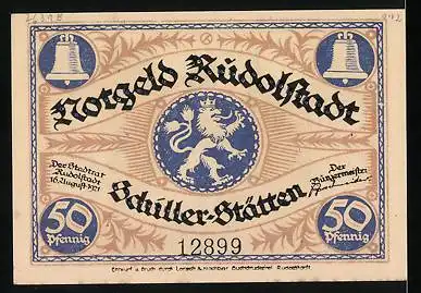 Notgeld Rudolstadt 1921, 50 Pfennig, Charlotte von Lengefeld's Geburtshaus, Stadtwappen