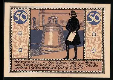 Notgeld Rudolstadt 1921, 50 Pfennig, Glocke in der Glockengiesserei, Stadtwappen