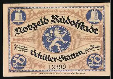 Notgeld Rudolstadt 1921, 50 Pfennig, Glocke in der Glockengiesserei, Stadtwappen