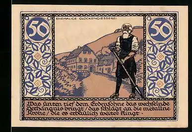 Notgeld Rudolstadt 1921, 50 Pfennig, Ehemalige Glockengiesserei, Stadtwappen