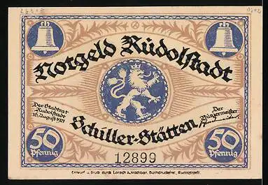 Notgeld Rudolstadt 1921, 50 Pfennig, Ehemalige Glockengiesserei, Stadtwappen