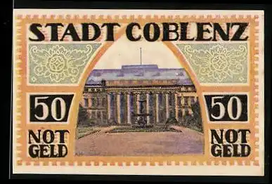 Notgeld Coblenz 1921, 50 Pfennig, kurfürstliches Schloss, Wappen