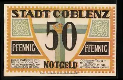 Notgeld Coblenz 1921, 50 Pfennig, kurfürstliches Schloss, Wappen