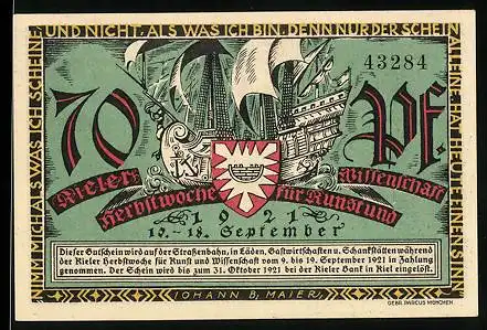 Notgeld Kiel 1921, 70 Pfennig, Wappen & Hansekogge, Altstadt mit Kirche