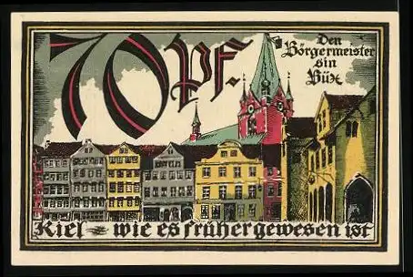 Notgeld Kiel 1921, 70 Pfennig, Wappen & Hansekogge, Altstadt mit Kirche