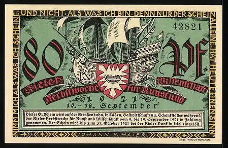 Notgeld Kiel 1921, 80 Pfennig, Bürger des Kieler Umschlag's, Hansekogge, Wappen