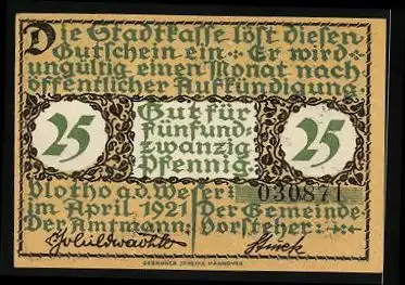 Notgeld Vlotho / Weser 1921, 25 Pfennig, Musiker mit Laute & Weser-Panorama