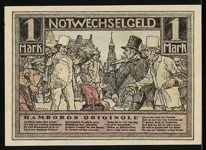 Notgeld Hamburg 1921, 1 Mark, Millerntor um 1800, Hamburger Originale / Stadttypen