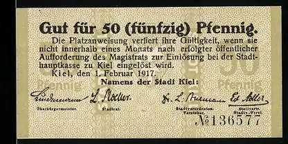 Notgeld Kiel 1917, 50 Pfennig, geprägtes Wappen, Aufdruck Rückseitig: Ausser Kurs