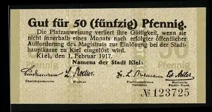 Notgeld Kiel 1917, 50 Pfennig, geprägtes Wappen, Rückseitig bedruckt: Ausser Kurs