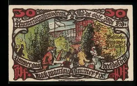 Notgeld Gross Flottbek 1921, 30 Pfennig, Westlicher Eingang zum Bahnhof, Alter Stuhlwagen vor der Ortschaft