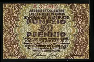 Notgeld Hamburg 1920, 50 Pfennig, Stadtwappen von Löwen flankiert, Ornamente