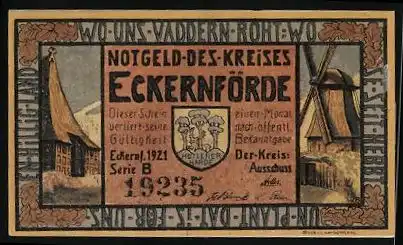 Notgeld Eckernförde 1921, 50 Pfennig, Felsformation an der Küste, Windmühle, Wappen