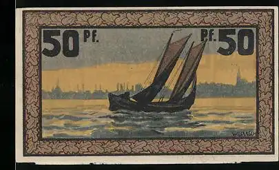 Notgeld Eckernförde 1921, 50 Pfennig, Segelboot vor Stadtsilhouette, Wappen und Fischräucherei