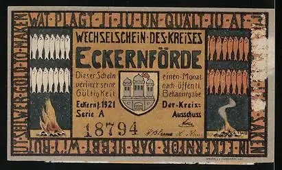 Notgeld Eckernförde 1921, 50 Pfennig, Segelboot vor Stadtsilhouette, Wappen und Fischräucherei