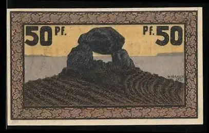Notgeld Eckernförde 1921, 50 Pfennig, Felsformation vor Küstenpanorama, Windmühle, Wappen