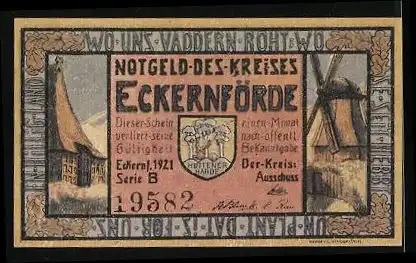 Notgeld Eckernförde 1921, 50 Pfennig, Felsformation vor Küstenpanorama, Windmühle, Wappen