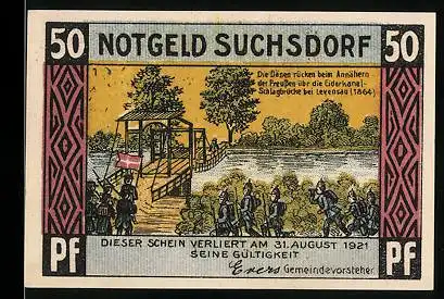 Notgeld Suchsdorf 1921, 50 Pfennig, Dänen rücken beim Annähern der Preussen über den Eiderkanal 1864, Wappen