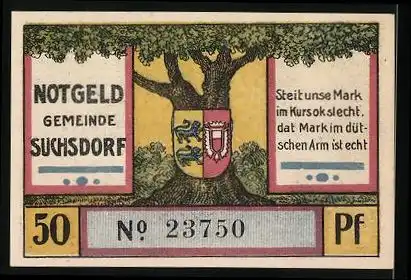 Notgeld Suchsdorf 1921, 50 Pfennig, Dänen rücken beim Annähern der Preussen über den Eiderkanal 1864, Wappen