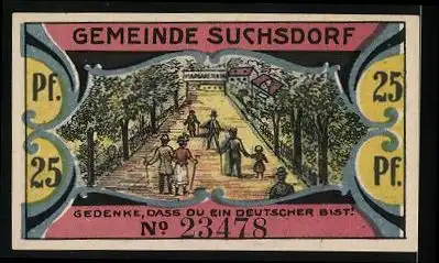 Notgeld Suchsdorf 1921, 25 Pfennig, Wappen & Deutscher Aar, Bürger auf dem Weg nach Margaretental