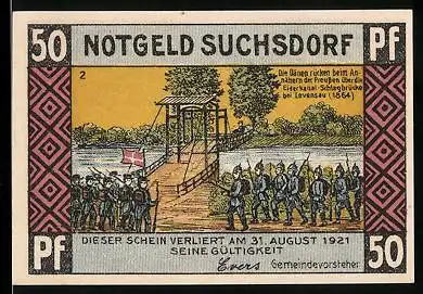 Notgeld Suchsdorf 1921, 50 Pfennig, Dänen rücken über die Schlagbrücke am Eiderkanal beim Annähern der Preussen 1864
