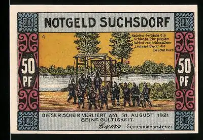 Notgeld Suchsdorf 1921, 50 Pfennig, Dänen haben sich über den Eiderkanal vor den Preussen zurückgezogen 1864, Dorfteich