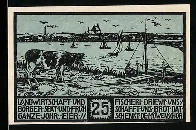 Notgeld Heiligenhafen 1923, 25 Pfennig, Kuh vor Bucht & Orts-Panorama, Wappen