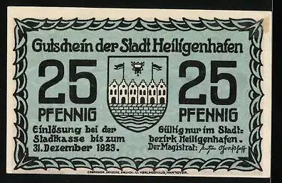 Notgeld Heiligenhafen 1923, 25 Pfennig, Kuh vor Bucht & Orts-Panorama, Wappen