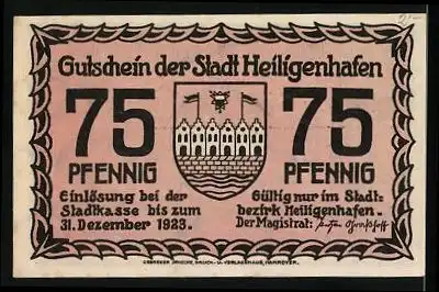Notgeld Heiligenhafen 1923, 75 Pfennig, altes Rathaus, Wappen