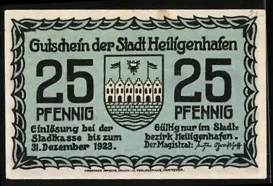 Notgeld Heiligenhafen 1923, 25 Pfennig, Kuhweide vor Bucht & Stadtpanorama, Wappen