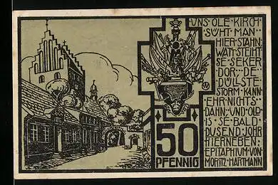 Notgeld Heiligenhafen 1923, 50 Pfennig, Strasse neben einer Kirche, Wappen