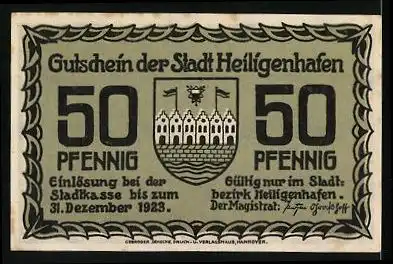 Notgeld Heiligenhafen 1923, 50 Pfennig, Strasse neben einer Kirche, Wappen