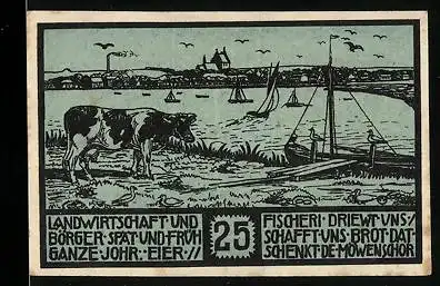 Notgeld Heiligenhafen 1923, 25 Pfennig, Stadtansicht mit Bucht & Kuhweide, Wappen