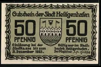 Notgeld Heiligenhafen 1923, 50 Pfennig, Strassenansicht mit Kirche, Wappen
