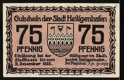 Notgeld Heiligenhafen 1923, 75 Pfennig, Altes Rathaus, Wappen