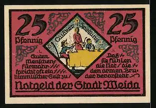Notgeld Weida 1921, 25 Pfennig, Ortsansicht um 1635, Wappen, Quäker Speisung