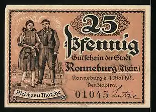 Notgeld Ronneburg / Thüringen 1921, 25 Pfennig, Schloss Ronneburg, Trachtenpaar Melcher & Marche