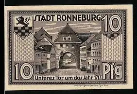Notgeld Ronneburg / Thüringen 1921, 10 Pfennig, Unteres Tor um 1717, Siegel