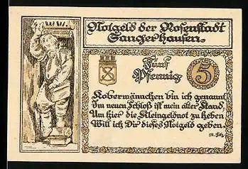 Notgeld Sangerhausen 1921, 5 Pfennig, Kobermännchen, Kirchtürme